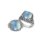 Handcrafted Sterling Silver Cushion Shape Ring featuring Rainbow Moonstone in Balinese design